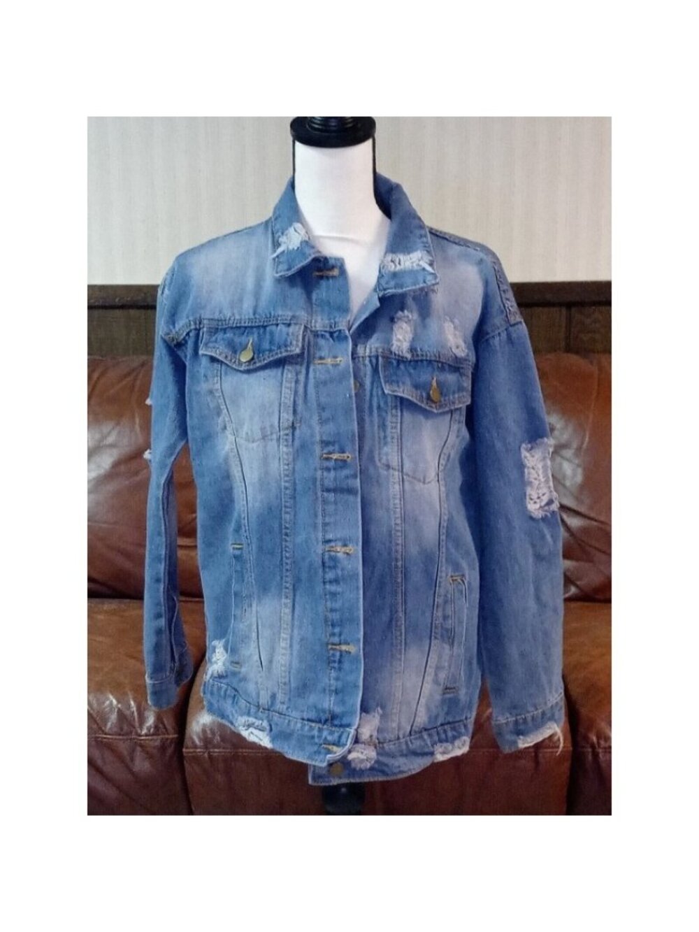 Say What Adult Small Denim Jean Jacket Blue Boyfriend Distressed Ripped Worn